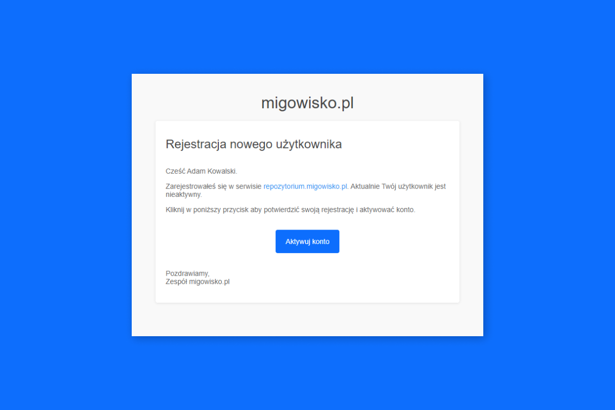 Wiadomość powitalna z potwierdzeniem rejestracji użytkownika. Po środku niebieski przycisk do aktywacji konta.